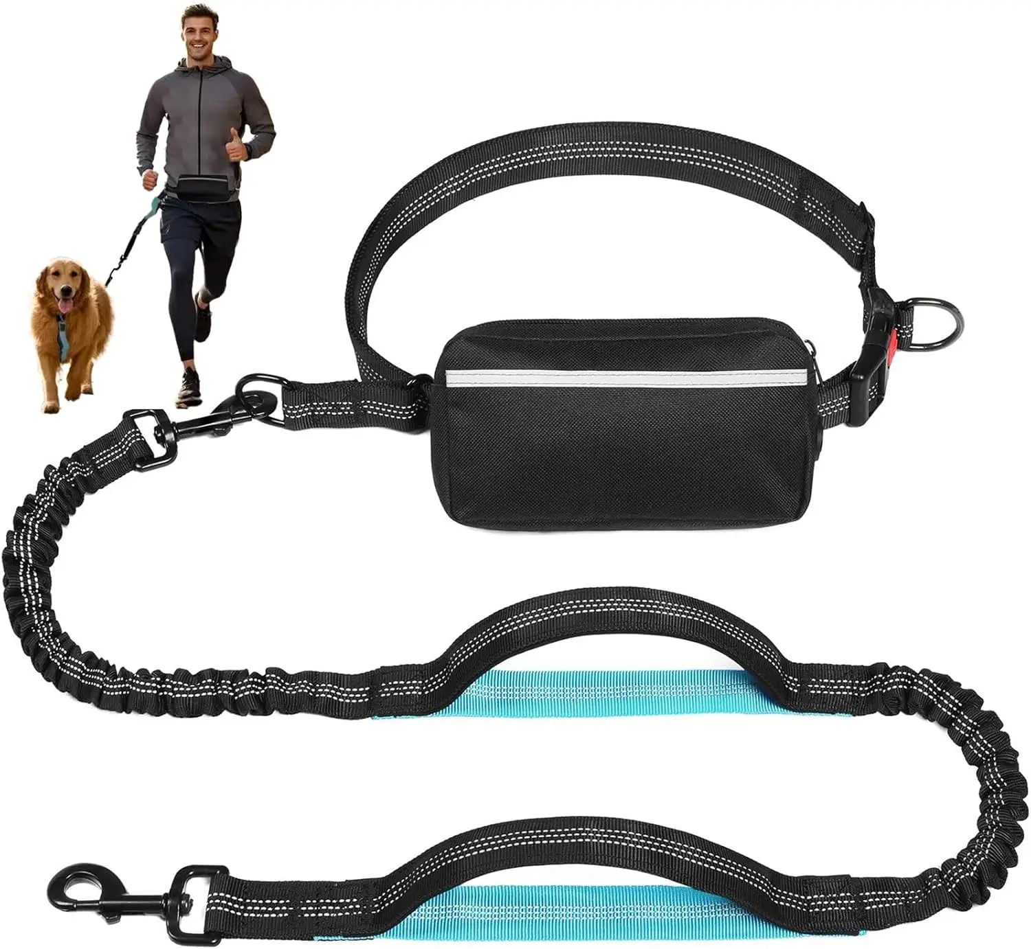 Guinzaglio per cani gratuito con custodia con cerniera, doppi manici imbottiti Guinzaglio da corsa per cani di taglia media e grande, guinzaglio per cani a vita elastica retrattile