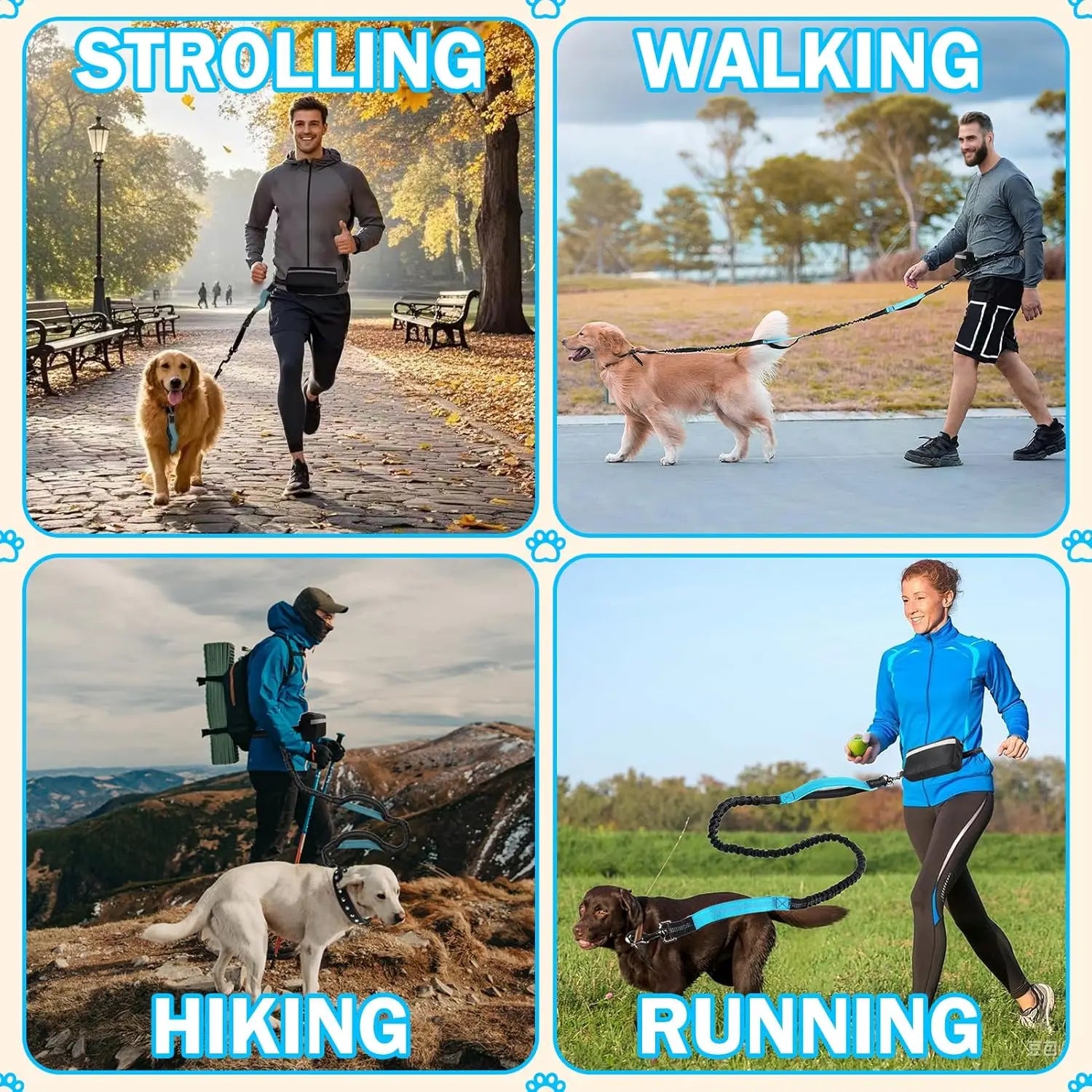 Guinzaglio per cani gratuito con custodia con cerniera, doppi manici imbottiti Guinzaglio da corsa per cani di taglia media e grande, guinzaglio per cani a vita elastica retrattile